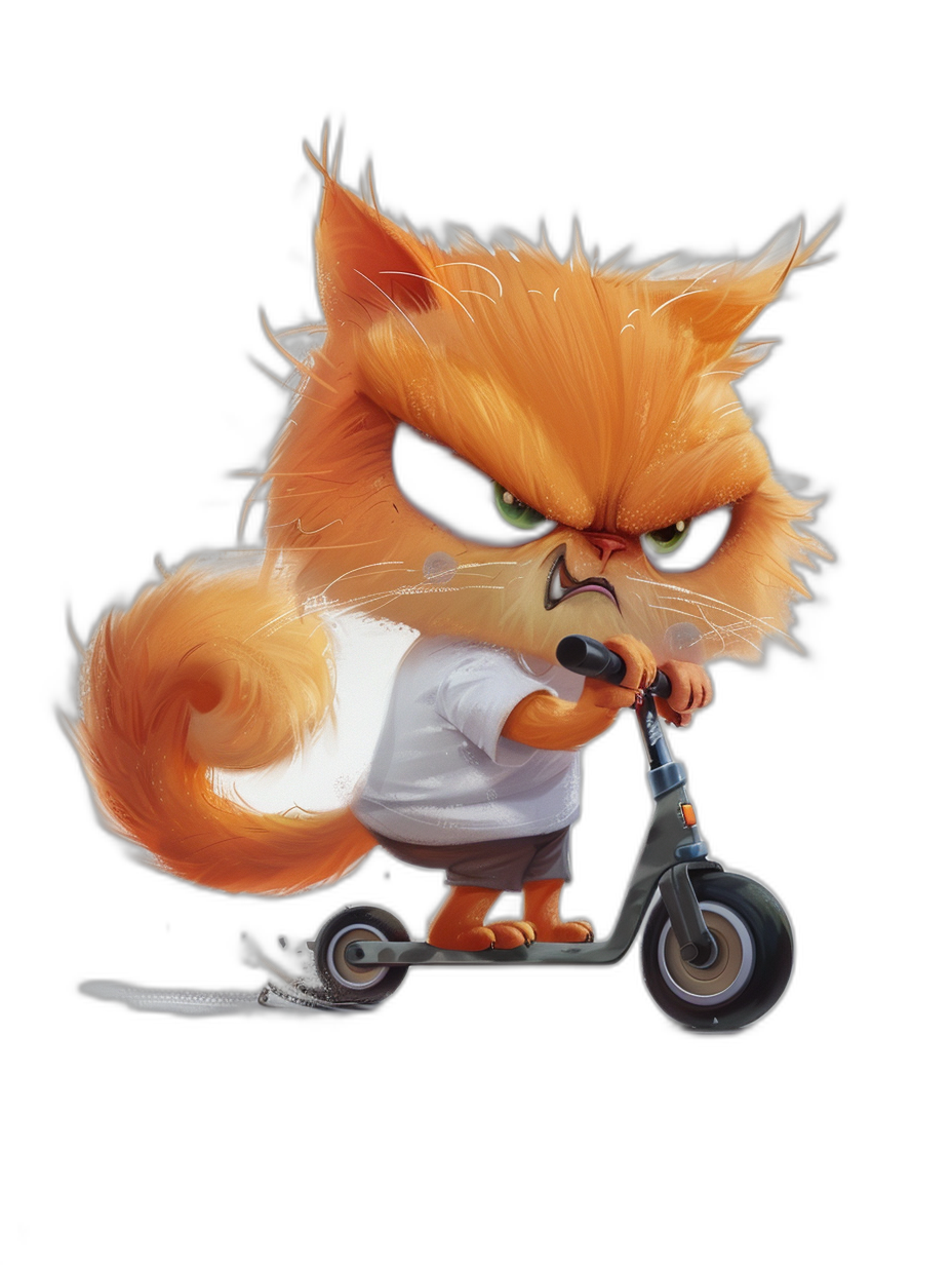 A cute orange cat with black eyes, wearing white short sleeves and shorts rides an electric scooter on the street in the style of Disney. The cartoon character is angry and furry, depicted from multiple angles. It has detailed fur texture and a pure dark background. A pure dark background. In the style of Pixar animation.