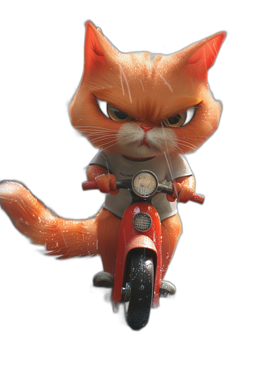 orange cat riding motorcycle, wearing a white t-shirt, with an angry facial expression, in the style of Pixar, on a black background, as a full body shot, with high resolution, high quality, and high detail, as a 3D rendering, rendered in Octane, with studio lighting.