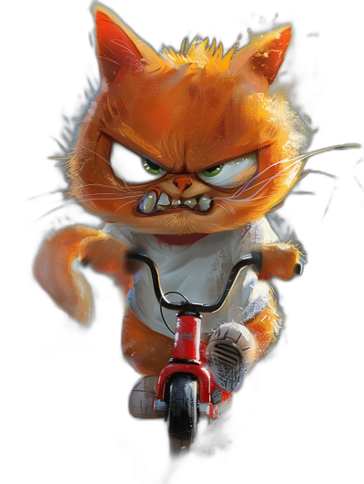 angry orange cat in a white t-shirt riding a red bike, in a cartoon style, on a black background, in the style of Greg Clonghrean and [Skottie Young](https://goo.gl/search?artist%20Skottie%20Young), rendered in octane