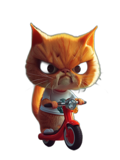 orange cat with angry face wearing white tshirt riding red scooter, 3D style, cartoon character concept art, cute, black background, in the style of Pixar animation, front view