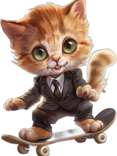 A cute happy ginger cat in a suit, with green eyes, riding on a skateboard, in the style of a vector illustration, on a black background, with high quality details, in a cartoon style, as a cute detailed digital art, with a perfect composition, at a super resolution, with high definition, with high detail, of the best quality.