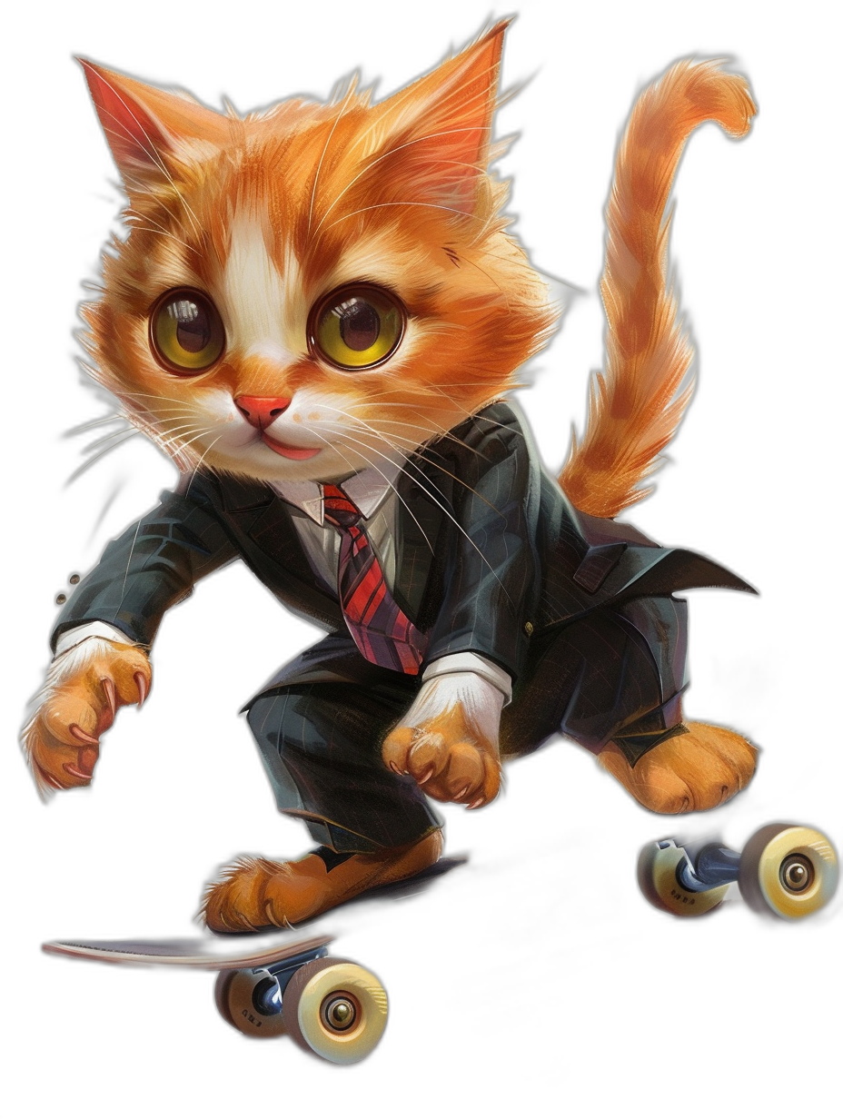 Cute cat in suit and tie riding on a skateboard, black background, in the style of [Tiago Hoisel](https://goo.gl/search?artist%20Tiago%20Hoisel), caricature-like, playful caricatures, high resolution