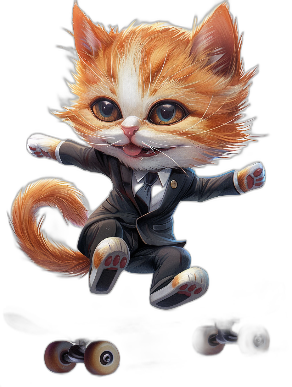 A cute orange cat in a suit, doing rollerblading movements, on a black background, in a cute cartoon style, in a 2D game art style, in the style of Disney Pixar animation, with a detailed character design, with surreal details, with detailed character illustrations, in the style of black and white ink painting, with surreal details, with cartoon realism, with close-up intensity, as ultra-high definition images, with octane rendering.