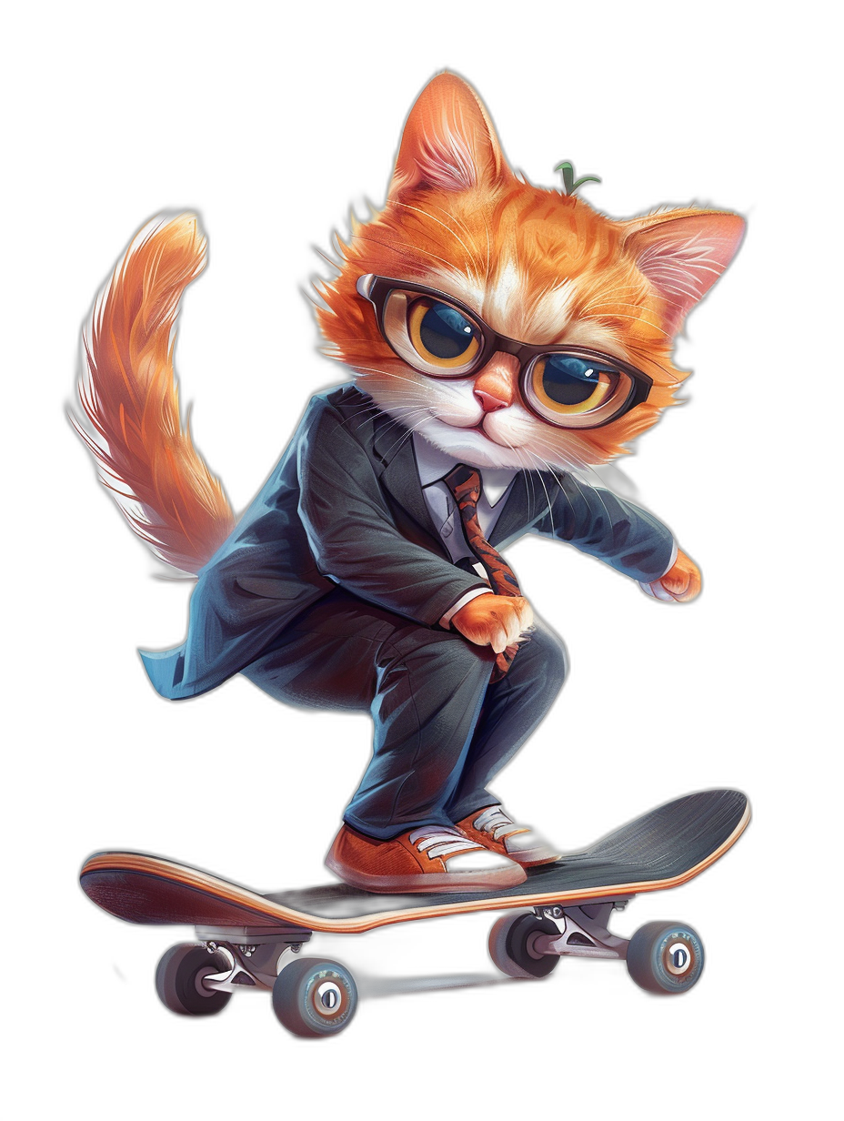 digital art of a cool and cute orange cat, wearing a suit with a tie, big glasses, riding a skateboard, black background, full body. In the style of unknown artist.