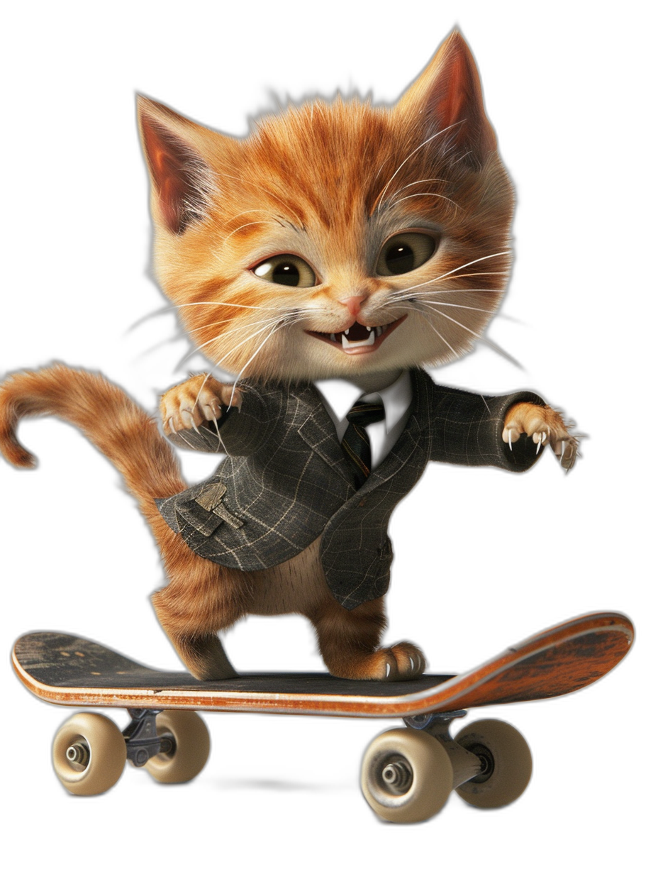 A cute happy ginger cat in a suit, riding on a skateboard, with a black background, in the style of Pixar, with high resolution and highly detailed.