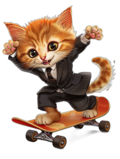 digital art of a cute kitten, wearing a suit and riding a skateboard against a black background with a big head and small body in the style of an anime character.