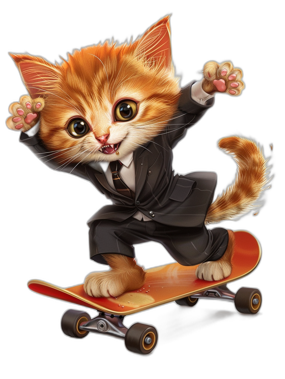 digital art of a cute kitten, wearing a suit and riding a skateboard against a black background with a big head and small body in the style of an anime character.