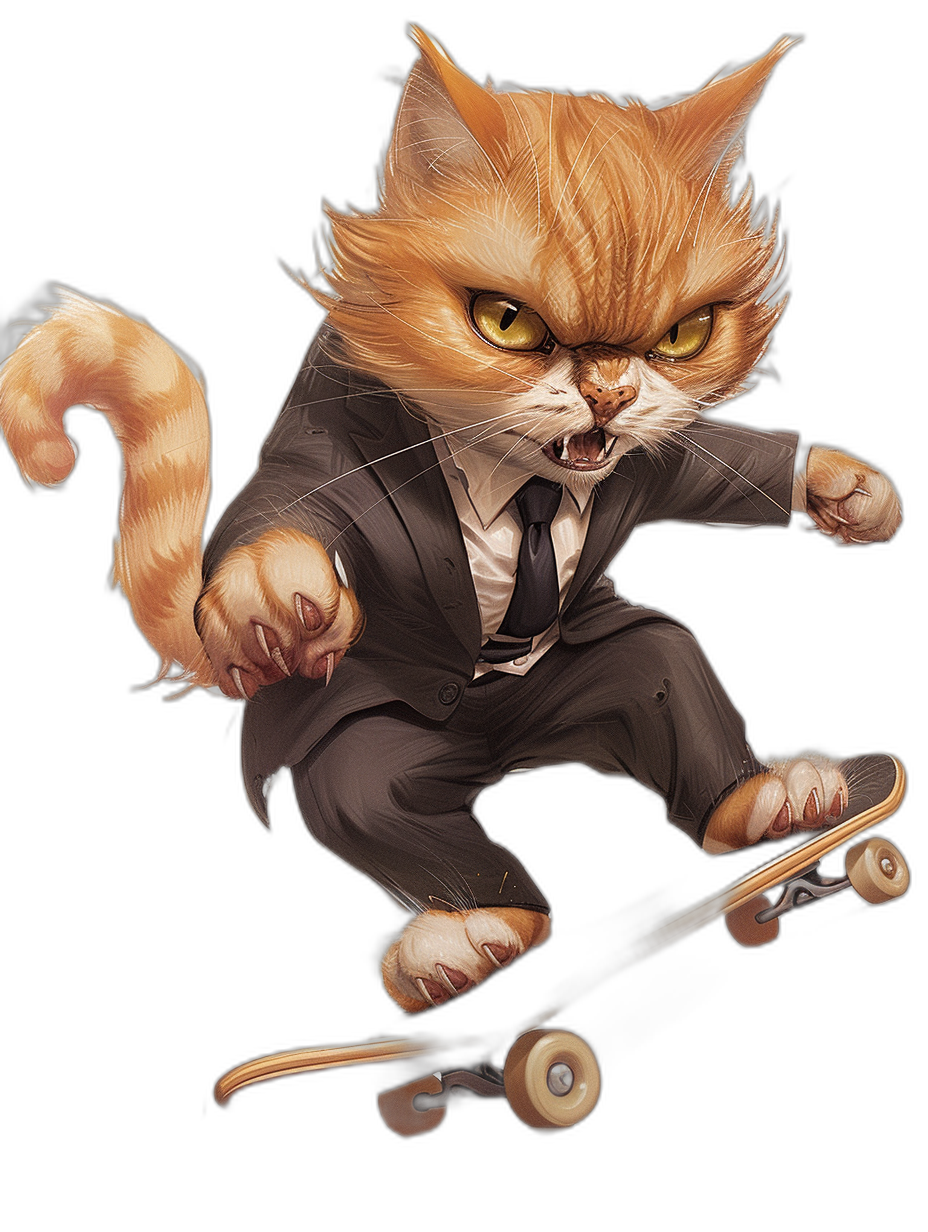 grumpy ginger cat in suit doing skateboard, in the style of cartoon, black background, vector art, digital painting, high detail, hyperrealistic, high resolution, high quality, high contrast, professional lighting, cinematic, sharp focus, in the style of octane render, high definition