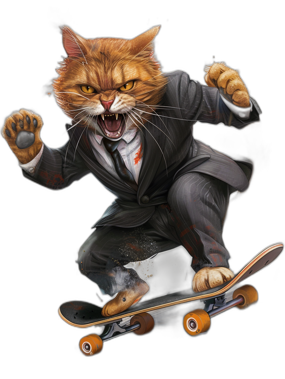 a realistic digital illustration of an angry ginger cat in suit riding on the skateboard, cartoon style, t-shirt design graphic, ultra detailed, isolated black background