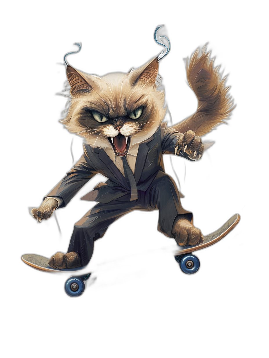 realistic digital illustration of an angry cat in suit, riding on skateboard, black background, t-shirt design