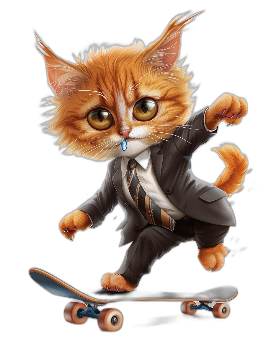 Cute cat in suit skateboarding in the style of cartoon style on a black background, 2D game art design of a cute character illustration in the style of cartoon realism with orange and brown tones, high resolution with clear lines and detailed facial features, flying hair.