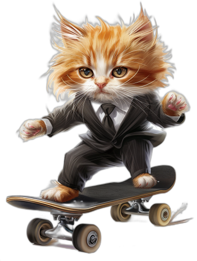 digital art of a cute kitten, wearing a formal suit, riding on a skateboard against a black background, with a big head and small body in the style of.