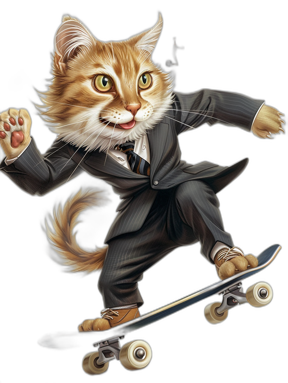 digital art of cool cat wearing business suit, riding skateboard , black background, full body