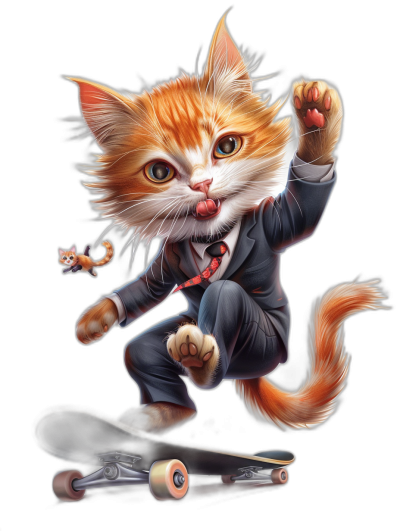 A realistic cartoon illustration of an orange cat dressed in a suit and tie, riding on top of a skateboard and doing cool action poses against a black background, in the style of a t-shirt design with high detail.