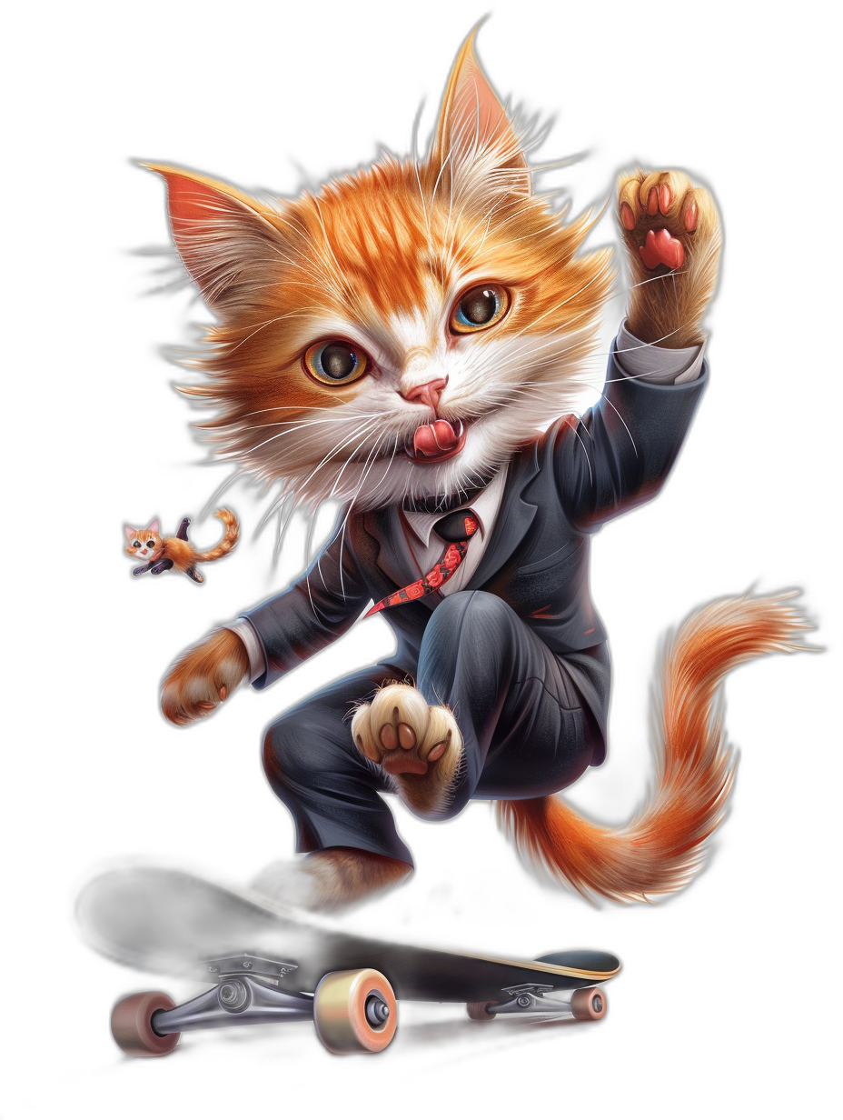 A realistic cartoon illustration of an orange cat dressed in a suit and tie, riding on top of a skateboard and doing cool action poses against a black background, in the style of a t-shirt design with high detail.