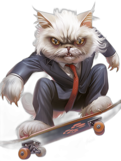 grumpy white cat in suit and tie riding on a skateboard, in a cartoon style, vector art, on a black background, for 2d game graphics, as digital artwork, as a full body portrait, with vibrant colors, with sharp focus, at high resolution, with high detail, of high quality, of high professional quality, at high definition, with high contrast, with high dynamic range, in the style of hyper-realism, in the style of hyper-detail, in the style of hyper-photorealism, with hyper-fine details, with hyper-sharp photography