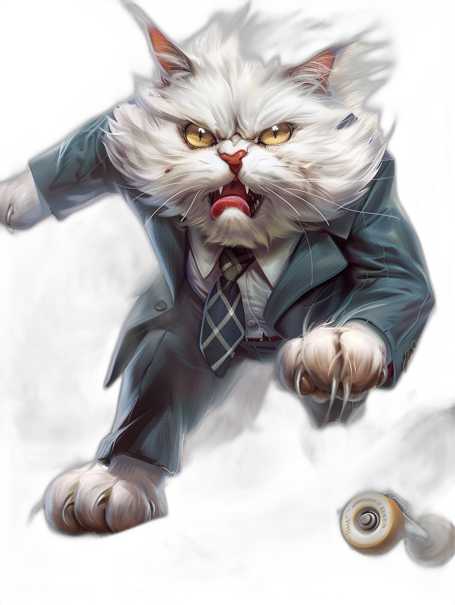 A white cat in a suit and tie, with an angry expression, playing skateboard, with detailed background, in the fantasy art style, as a digital painting, at high resolution, on a black background, as a full body portrait, with an f/20mm lens, in a dynamic pose, illuminated by soft light, with an anime character design with manga influence, with hyper-realistic details.