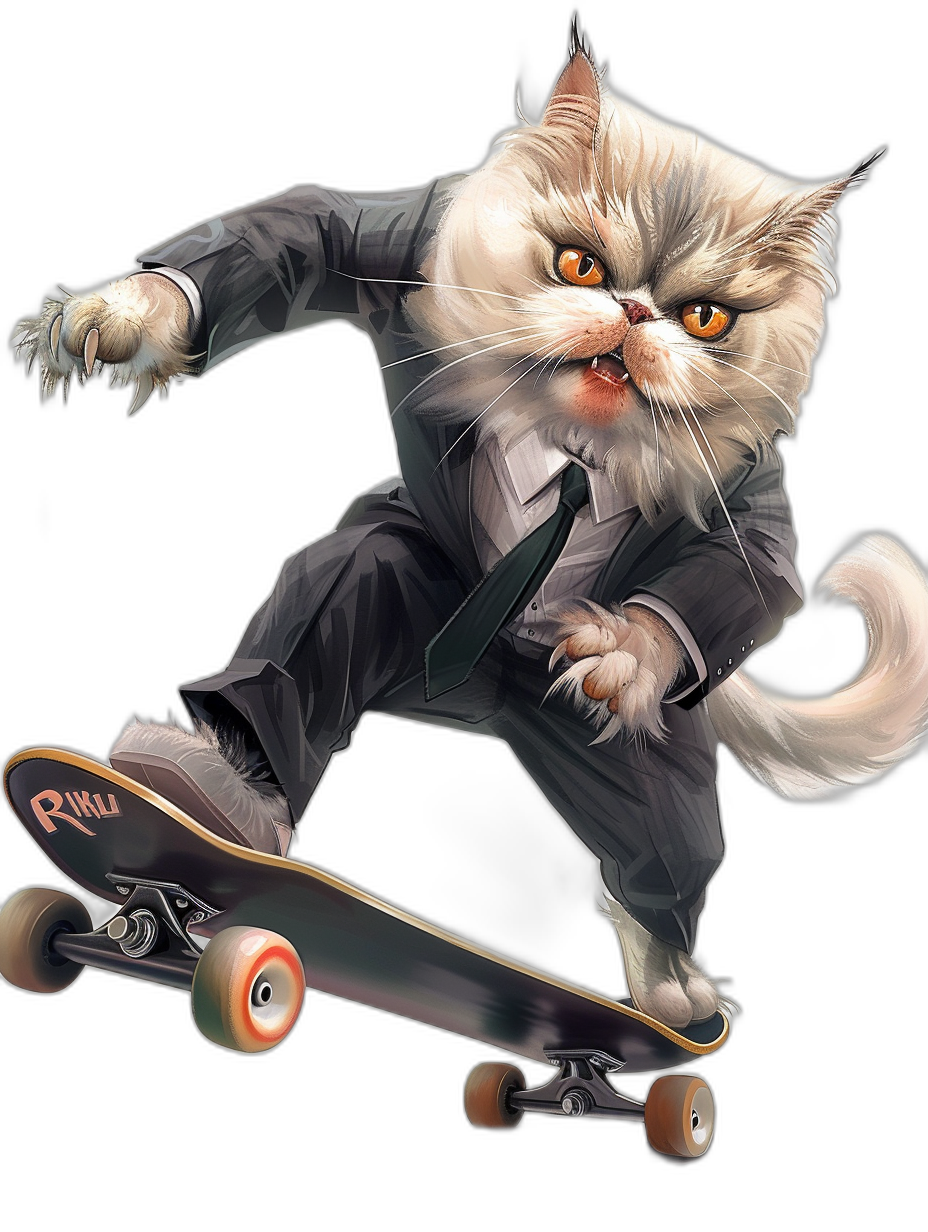 A persian cat in a suit doing skateboarding, in the style of caricature, on a black background, with a funny expression, at a high resolution