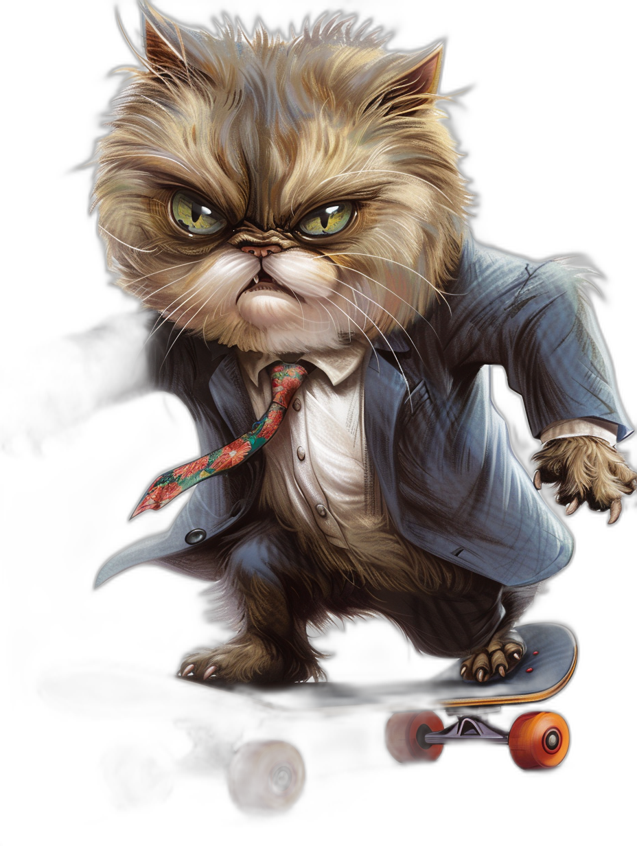 A cartoonish and exaggerated illustration of an angry persian cat with big eyes, wearing white shirt , tie & blue suit jacket on skateboarding, isolated black background, full body shot by [Tiago Hoisel](https://goo.gl/search?artist%20Tiago%20Hoisel), caricature-like, playful caricatures, high resolution photography