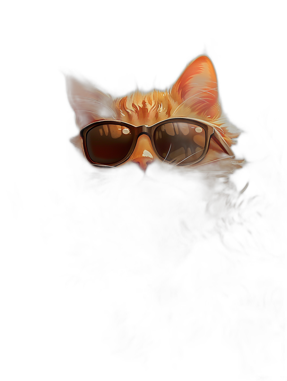 A cute cat wearing sunglasses in the style of digital art on a black background, cute and dreamy with minimalist backgrounds in dark orange and light amber colors. Charming illustrations use bold colors in high resolution with a portrait photography style from a low angle perspective, illuminated from below with strong backlighting and soft shadows in a close-up style.