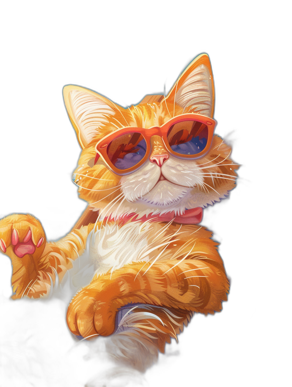 illustration of an orange cat wearing sunglasses, pawing pose, cute and happy expression, black background, high resolution, in the style of Disney, in the style of Pixar, cartoon style, digital art, digital painting, detailed background, colorful, vibrant colors, bright colors, warm lighting, studio light, very detailed.