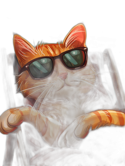 A cartoon cat wearing sunglasses is sitting in the chair, smiling and looking at you with black background, anime style, cute painting, red orange color scheme, detailed character design, high resolution, digital art techniques, delicate brushwork, ink drawing, simple background, bright colors, warm lighting, lively atmosphere.