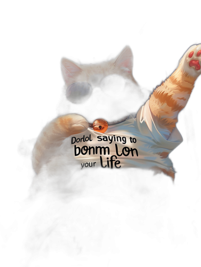 A cute orange cat wearing sunglasses and a white t-shirt with the text "Dorol mit Valle saying to bonm mon your life", the cat is holding up his paw against a black background, in the cute digital art style.