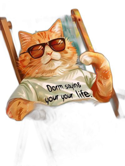 digital art of an orange cat wearing sunglasses and a t-shirt with the words "Dorm is viewing your life", lounging in a beach chair on a black background, in the style of a cartoon.