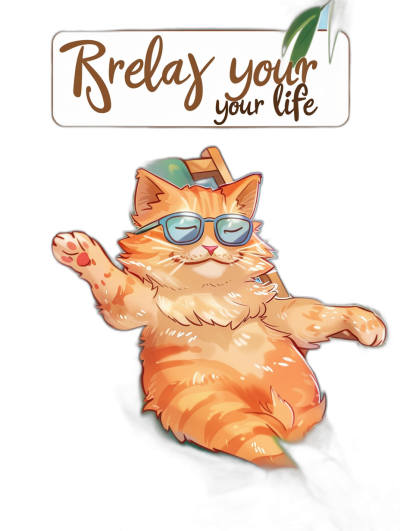 A cute orange cat wearing sunglasses doing yoga with the words "relax your life" above it, vector design for a t-shirt, black background, digital art in the style of [WLOP](https://goo.gl/search?artist%20WLOP) and [Greg Rutkowski](https://goo.gl/search?artist%20Greg%20Rutkowski) and [Moebius](https://goo.gl/search?artist%20Moebius).