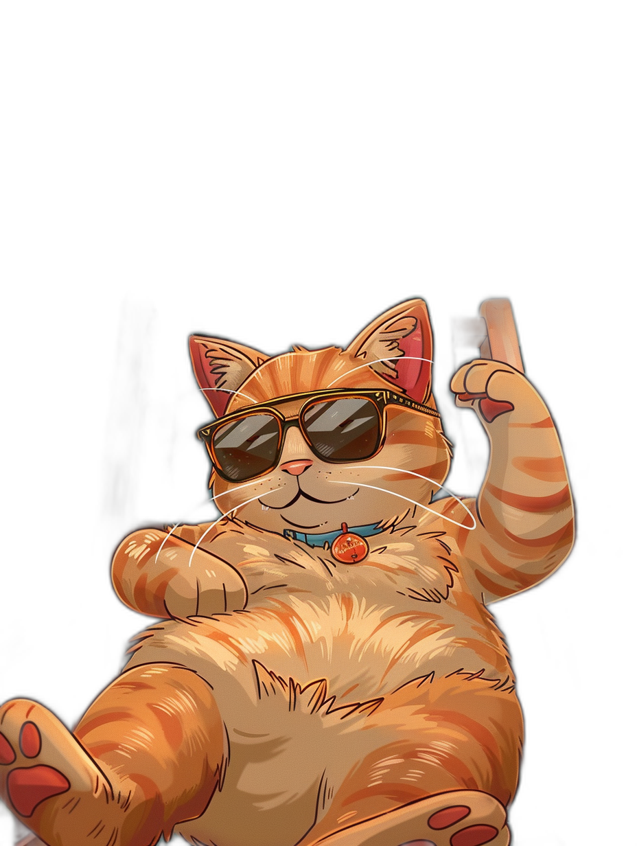 a full body of cute fat orange cat wearing sunglasses, pointing up with his paw on black background in anime style