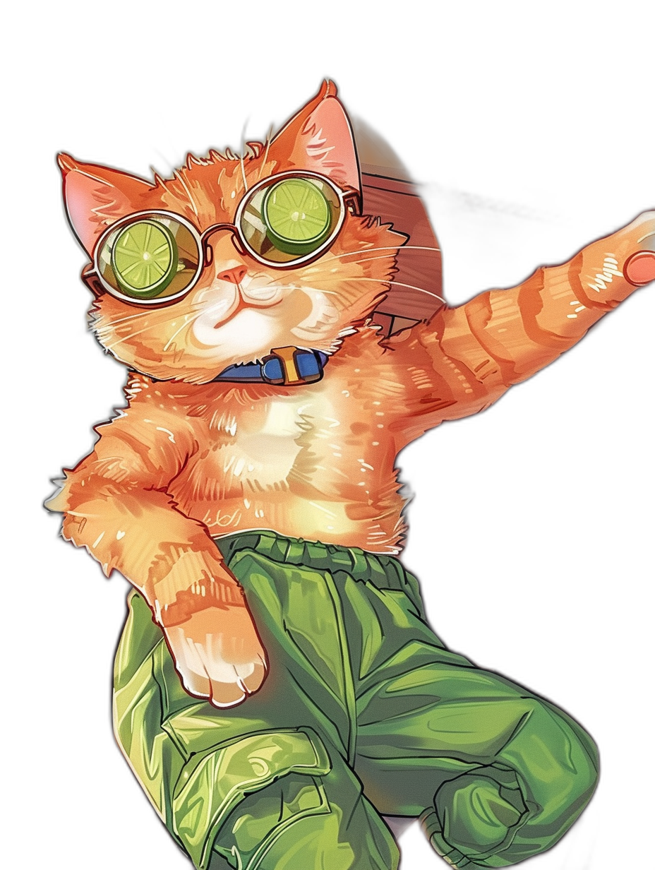 A cute orange cat, wearing green slacks and glasses with lime in the lenses, doing an air battle pose. The character design is in the style of Japanese anime with vibrant colors. It features detailed facial expressions and  that reflect its adventurous spirit, with a focus on eyes, dynamic poses, and lively expressions. The art has high resolution and high quality on a black background.