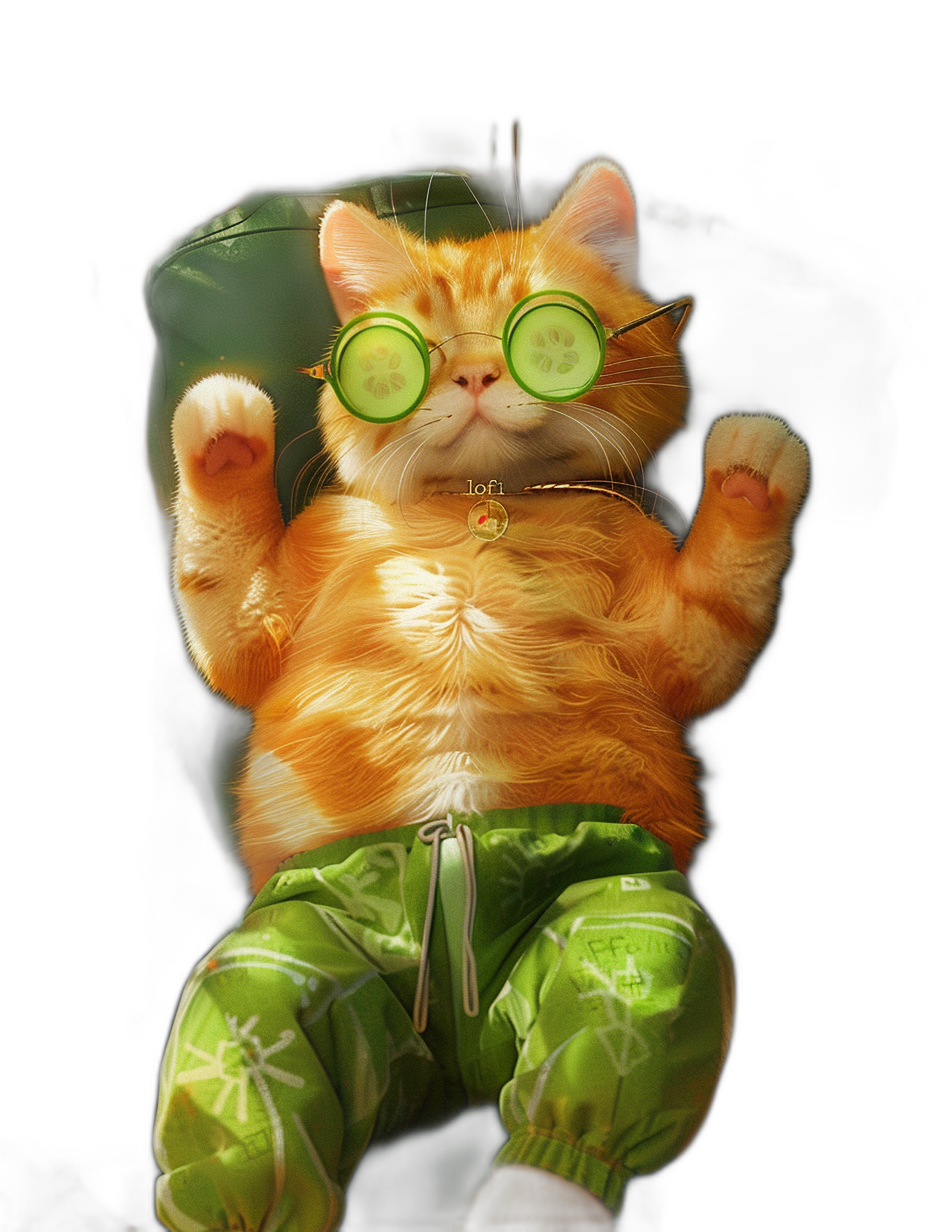 A photo of an orange cat wearing green pajama pants and goggles with cucumber slices on its eyes, lying back in the chair at beauty salon, enjoying her spa treatment, black background, cute, happy expression, detailed, realistic