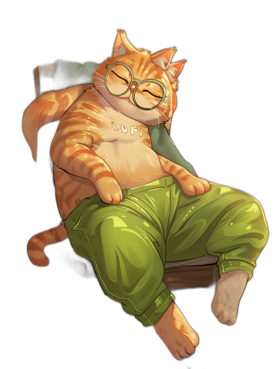 A full body illustration of an orange cat wearing glasses and green pants, sleeping on the chair, digital art style, painting in the style of [Studio Ghibli](https://goo.gl/search?artist%20Studio%20Ghibli), black background, 2D game asset