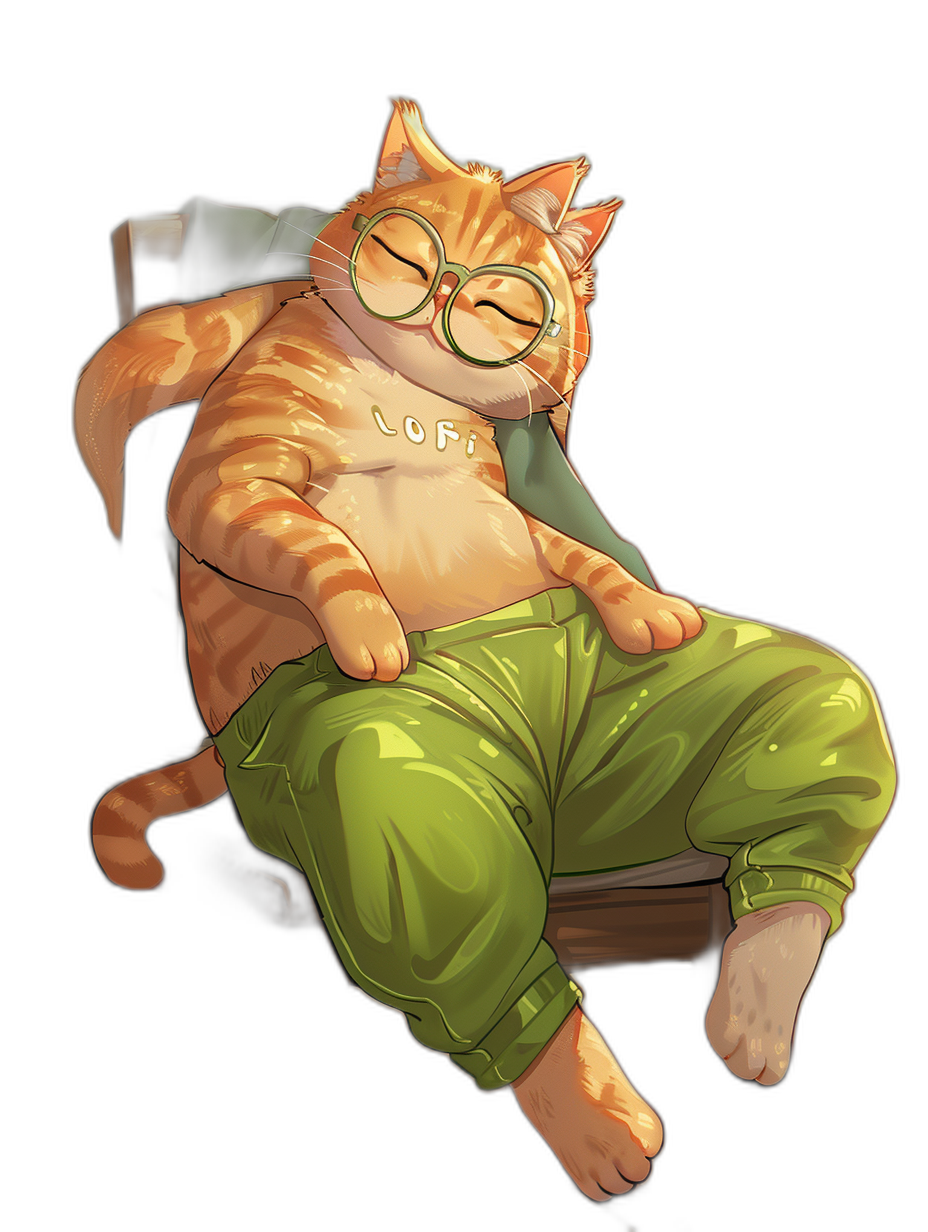 A full body illustration of an orange cat wearing glasses and green pants, sleeping on the chair, digital art style, painting in the style of [Studio Ghibli](https://goo.gl/search?artist%20Studio%20Ghibli), black background, 2D game asset