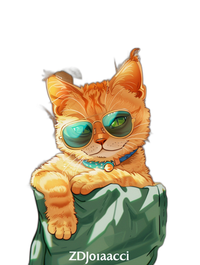 Digital art of a cute and fat orange cat wearing sunglasses, sitting in a pocket with a green cloth, black background, "ZD&m	cellaClub" written on a tshirt, in the style of cartoon, digital painting, artstation