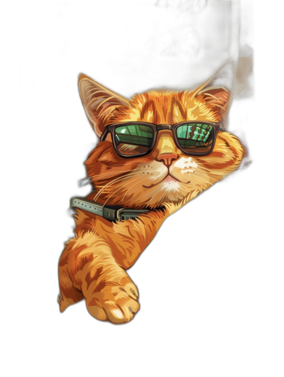 digital art of cool and fat orange cat , wearing sunglasses, leaning on the wall in coffee shop, black background , chill happy expression , full body