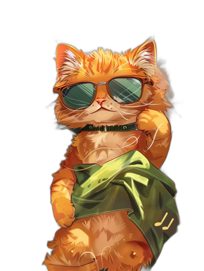 digital art of cool and fat orange cat , the kitten is wearing sunglasses with green shirt, black background, pastel color theme, digital painting style