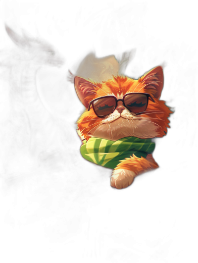 In the style of League of Legends splash art, a cute orange cat with sunglasses and a green striped scarf sits in a dark room in a close up shot.