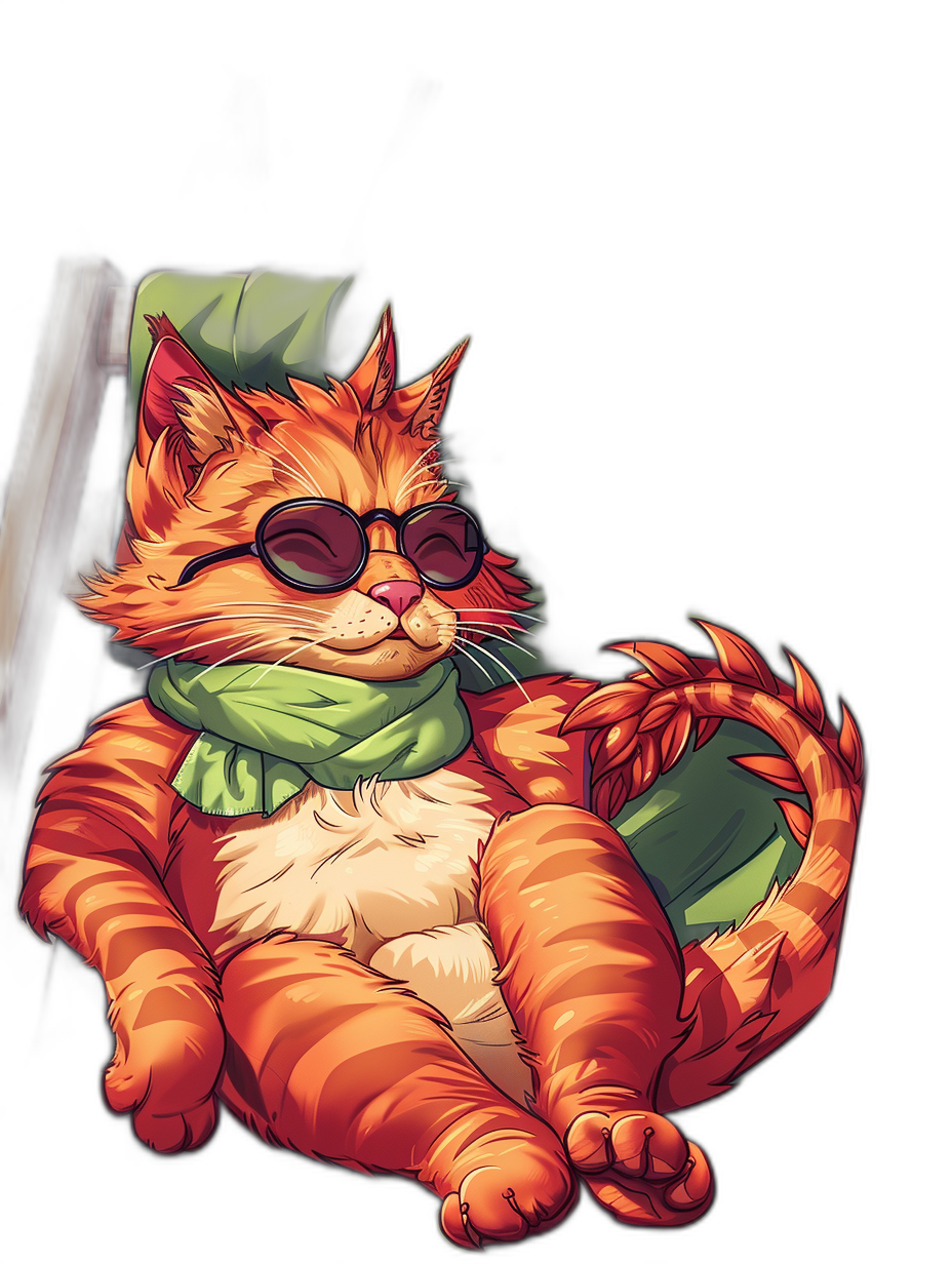 A cartoon illustration of an orange cat wearing sunglasses and a green scarf lounging in the style of [Studio Ghibli](https://goo.gl/search?artist%20Studio%20Ghibli), vector art, comic book art, on a dark red background, cute, [Loish](https://goo.gl/search?artist%20Loish), in the style of Calvin & Hobbes graphic novel.