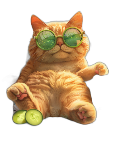 digital art of a cute fat orange cat, wearing sunglasses and holding a cucumber on its paw, against a black background, with a chill expression, happily chilling at a spa studio in the style of spa studio.