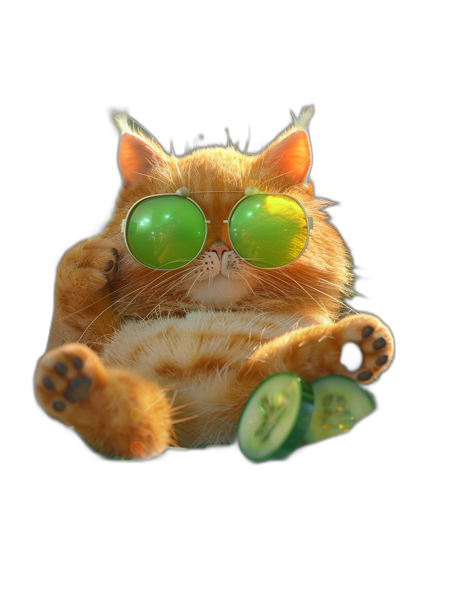 a fat ginger cat with green sunglasses lying on his back, holding cucumber slices in one paw, black background, hyper realistic photography