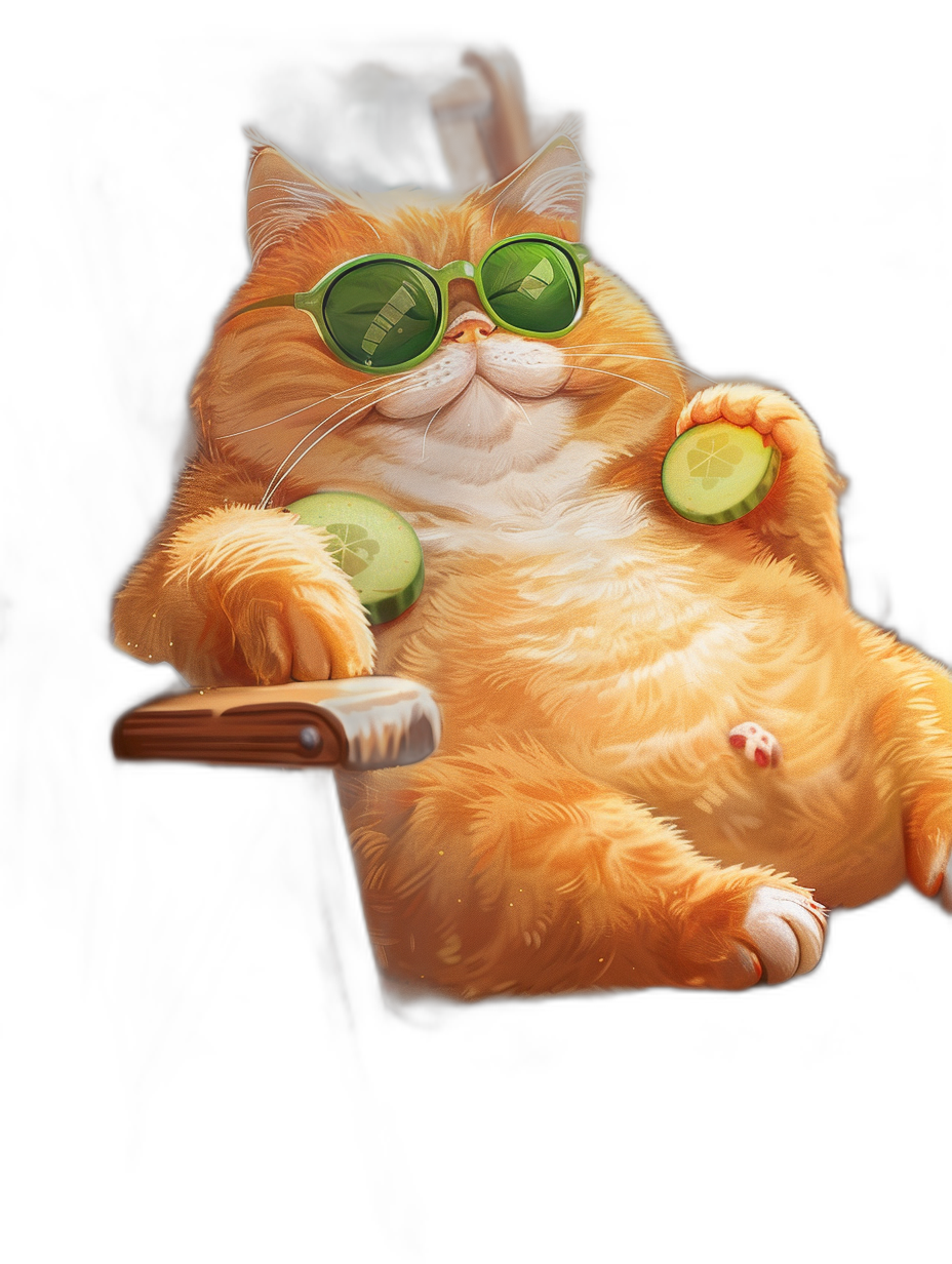 digital art of cool and fat orange cat , wearing sunglasses with cucumber on its eye, sitting in the chair black background , chilling happy and funny