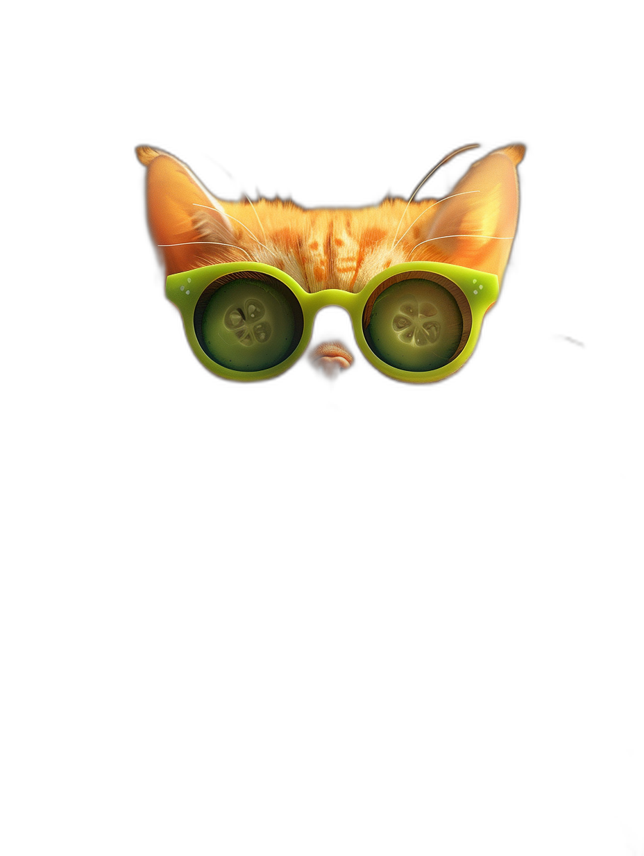 Front view, black background, a cute orange cat wearing green sunglasses with cucumbers on its eyes, in the style of cartoon, in a minimalist style, bright light, high resolution photography.