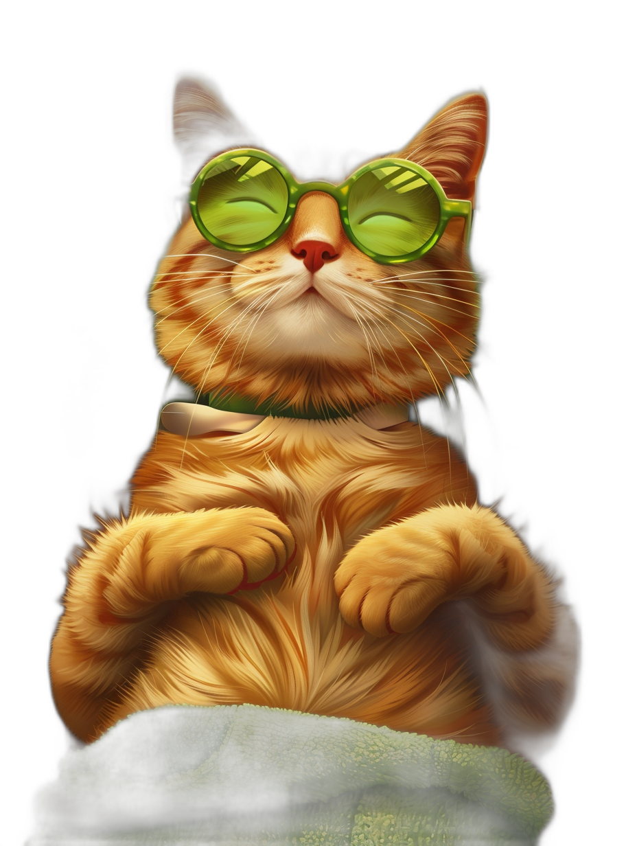 digital art of cute and fat orange cat , wearing green sunglasses, sitting on the towel with black background, portrait view