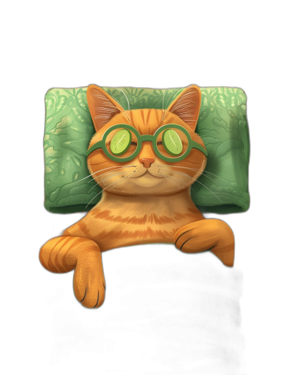 A cartoon illustration of an orange cat wearing green glasses lying on its back, snuggled up in the corner with his head tilted to one side and eyes closed, a small pillow under it's body, on black background, cute, adorable, intricately-detailed, delicate, beautiful, stunning, breathtaking, photorealistic, volumetric lighting