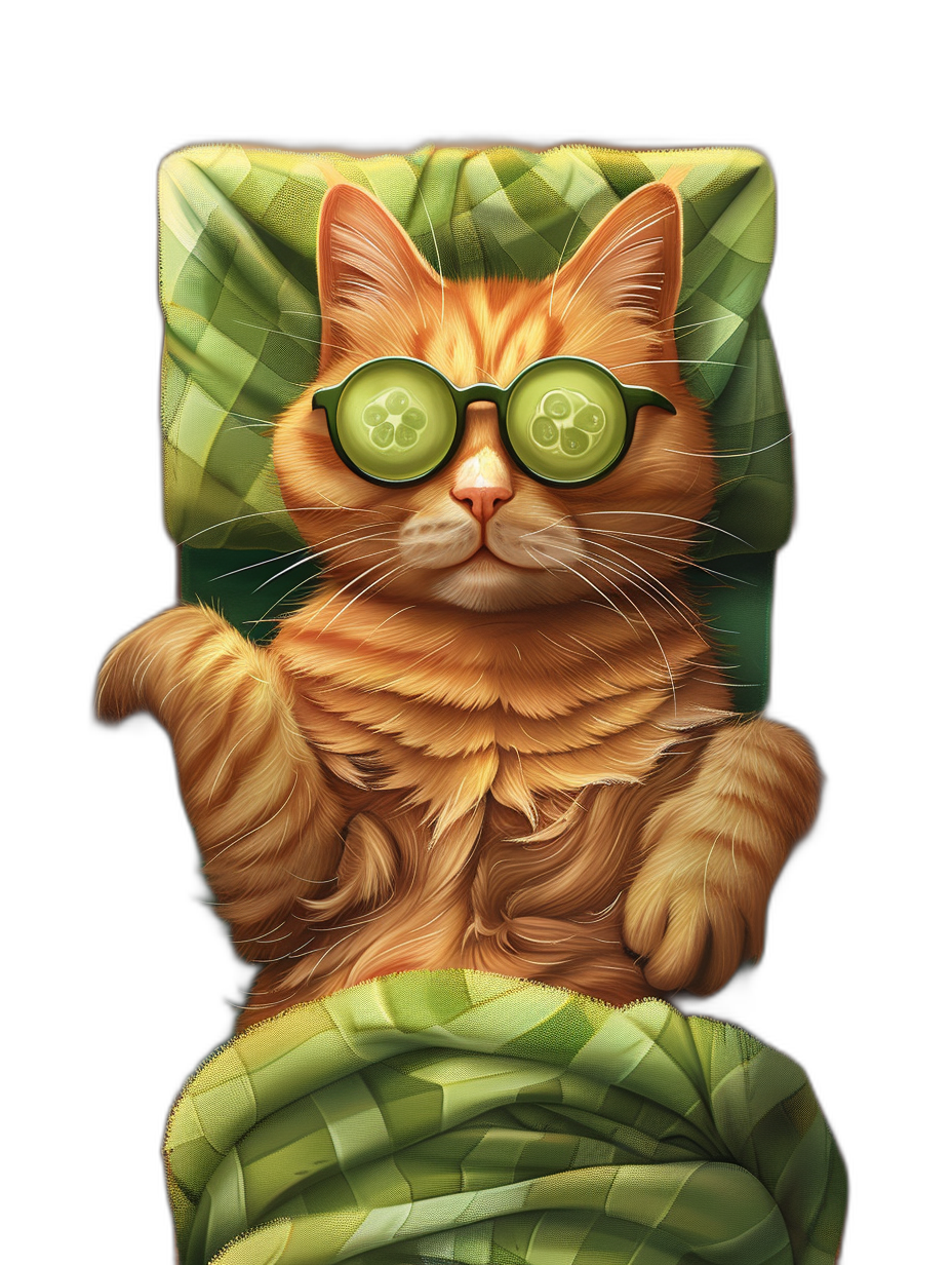 illustration of an orange cat wearing sunglasses and snuggled up in green blankets, with cucumber slices on its eyes lying down for bed time, isolated black background, high detail, digital art, fantasy style