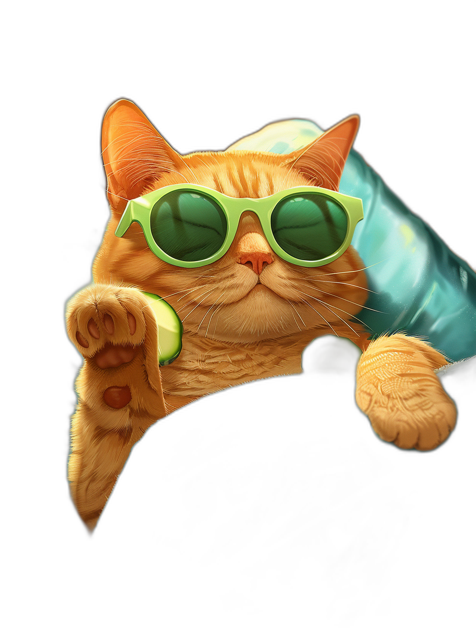 A cute orange cat wearing green sunglasses and holding a cucumber in its hand, dressed as an artist with blue , lying on a black background with one paw hanging out of its sleeve to show off a little bit of furry tail, in the style of a cartoon, cute, high resolution, colorful, with octane rendering, using an ultra wide angle lens, with a solid color background, on a pure black background, from a top view, like a game illustration.