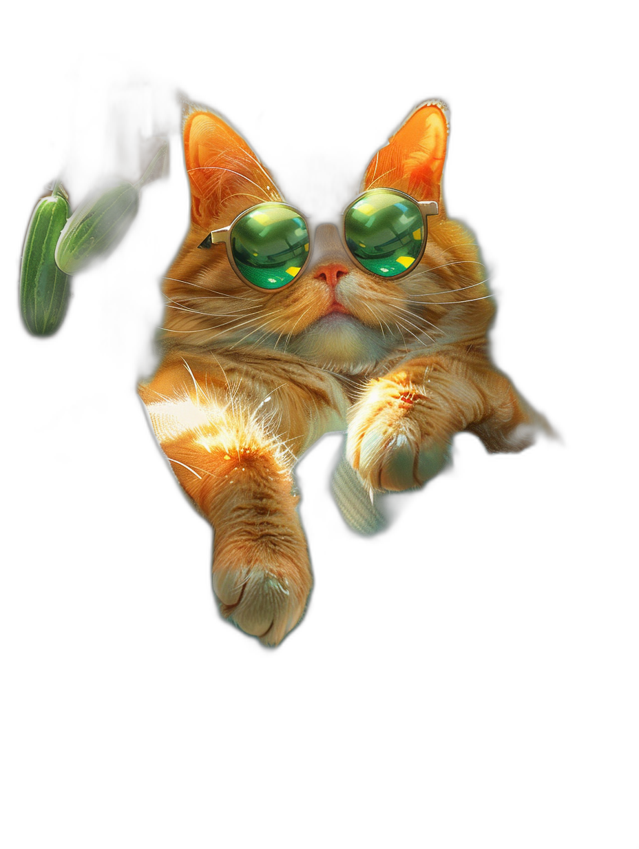 A cute orange cat wearing green sunglasses is flying in the air against a black background, rendered in the style of c4d surrealism with high definition photography.