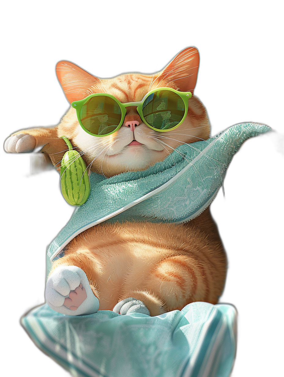 digital art of a cute fat orange cat, wearing sunglasses and a green towel around its neck, holding a watermelon in its hand, against a black background, with chill vibes. The art is in the style of.