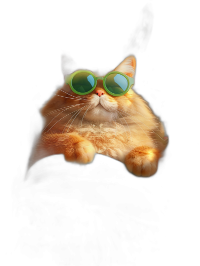 A photo of an orange cat wearing green sunglasses, floating in the air against a black background in a funny, cute, studio photography shot with cinematic lighting and volumetric light from below with sharp focus in the style of hyper realistic.